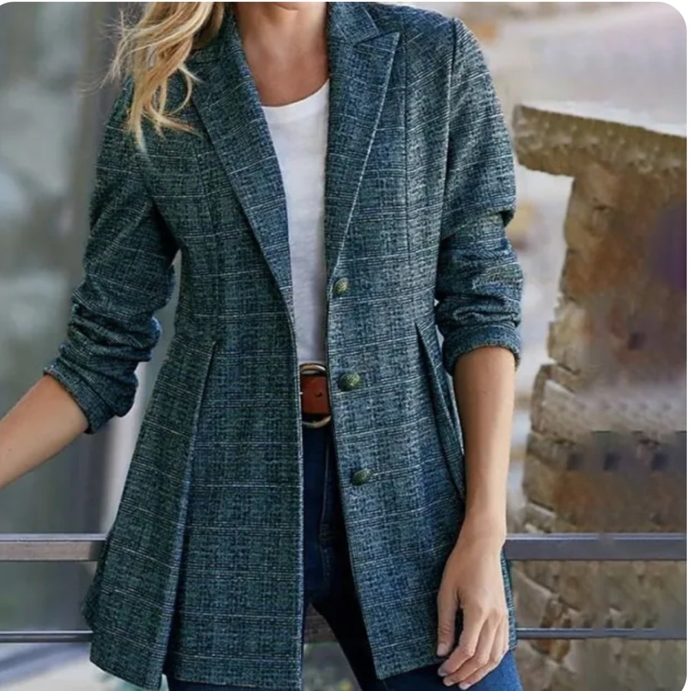 Fashion Street Plaid Buckle Turn-back Collar Outerwear Blazer, Tibetan Blue / M
